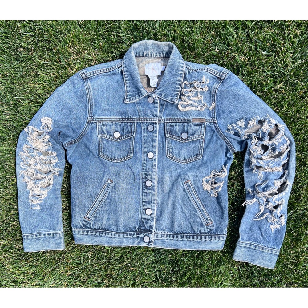 Calvin Klein‎ Jeans Distressed Shredded Denim Trucker Jacket Medium Wash vintage